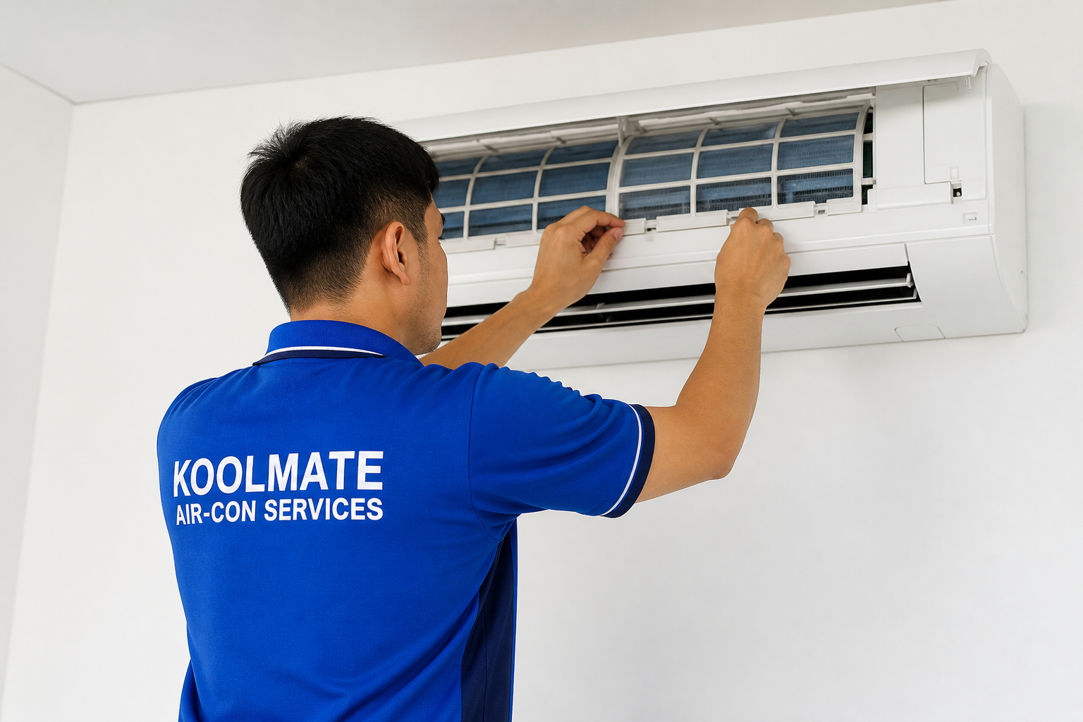 KOOLMATE technician servicing a wall-mounted air conditioner