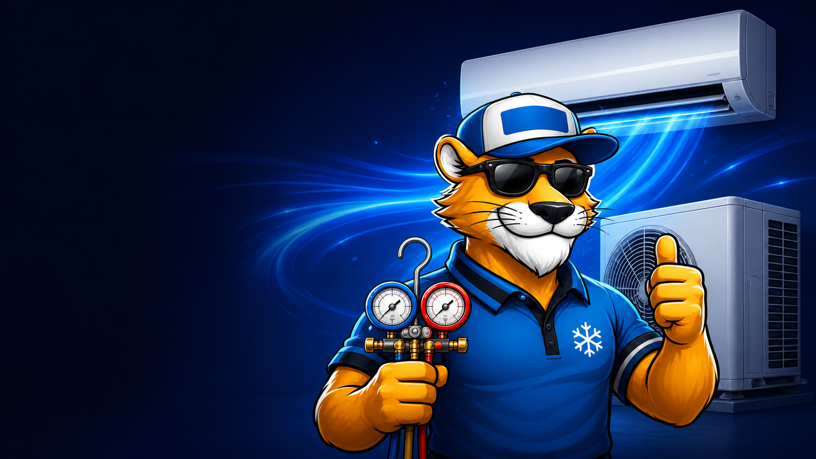 KOOLMATE mascot technician with air-conditioning units and cool airflow
